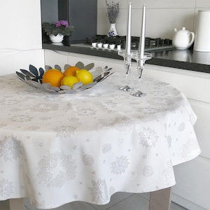 Christmas Tablecloth Tapestry Fabric with Silver Threads Xmas Traditional Christmas Poinsettia Table cloth Square Oval Round Rectangle X-mas