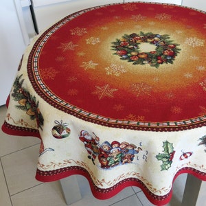 Red Christmas Tablecloth Round with Santa Poinsettia Fabric Tapestry Circular Xmas Tablecloths with Golden Threads Table cloth