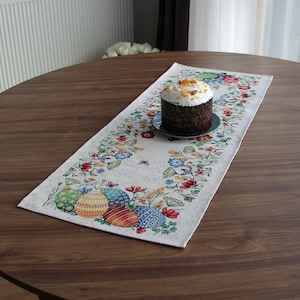 May include: A decorative Easter table runner with a floral and egg design. The runner features colorful flowers and patterned Easter eggs in shades of green, blue, red, and yellow. A cake sits on a small plate on top of the runner.
