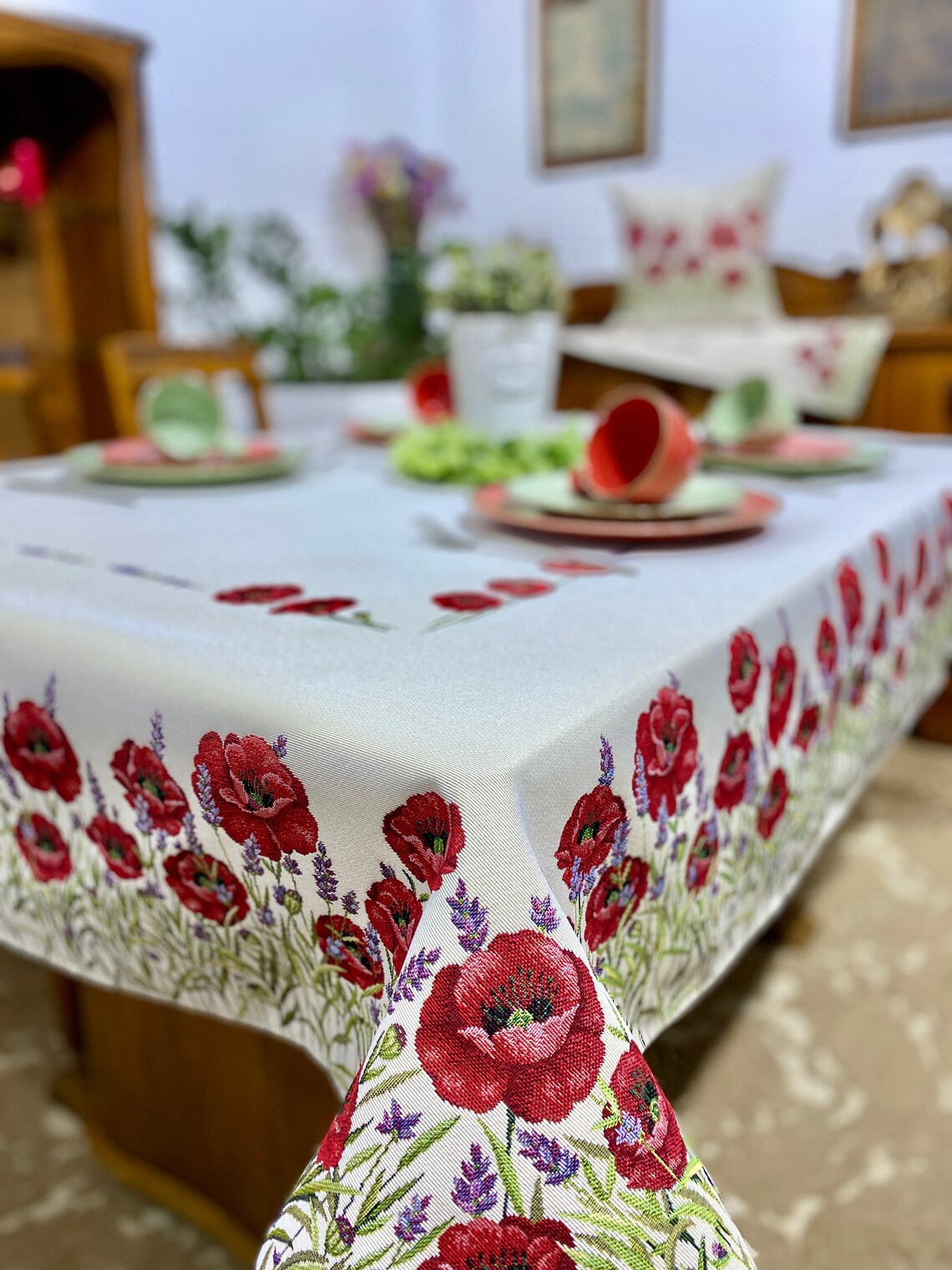 Poppy Tablecloth Jacquard Fabric white background red poppies Etsy