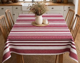 Ukrainian Tablecloth with National Embroidery Ornament Rectangular White and Red, Folk Tablecloth, Ukrainian Decor, Farmhouse Table Linen
