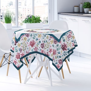 White Tablecloths Cotton With Beautiful Watercolor Flowers And Green Bandelet