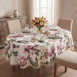 Nappe florale imperméable, Nappe en coton résistante à l'eau, Nappe ovale colibri ovale lavable enduite de téflon avec dentelle