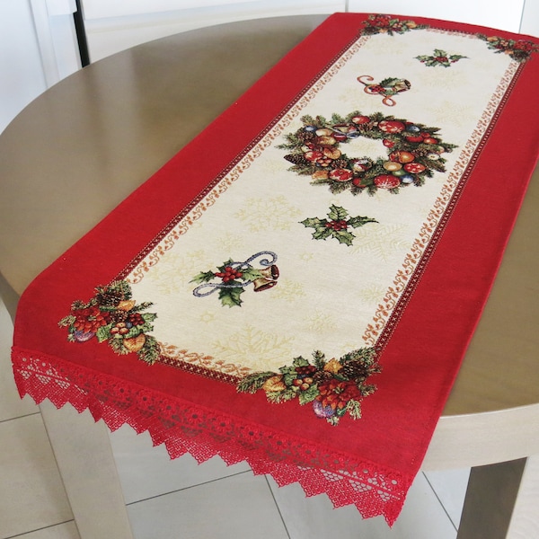 Christmas Table Runners, Red Gold Christmas Tapestry Table Runner, Table Decorations Xmas Cloth Runner Christmas wreath Width 17in