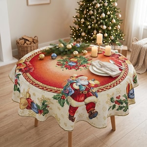 サンタクロースのクリスマステーブルクロス｜ゴールドラメ入りラウンドゴブランテーブルクロス｜ホリデーダイニングデコレーション｜高級クリスマステーブルクロス｜直径55インチ（約140cm）