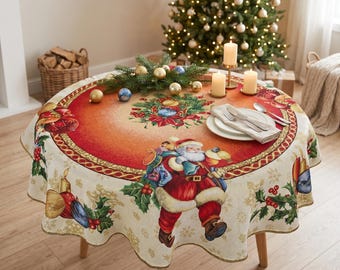 Mantel navideño de Papá Noel / Mantel redondo Gobelin con lúrex dorado / Decoración navideña para mesas / Mantel navideño de lujo / 140 cm de diámetro
