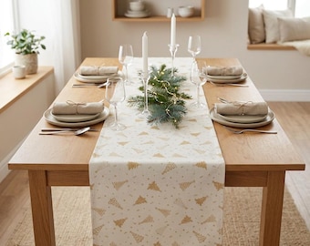 Christmas Table Runner with Golden Lurex Trees | Gobelin Holiday Table Runner | Gold Christmas Table Decor | Winter Table Runner