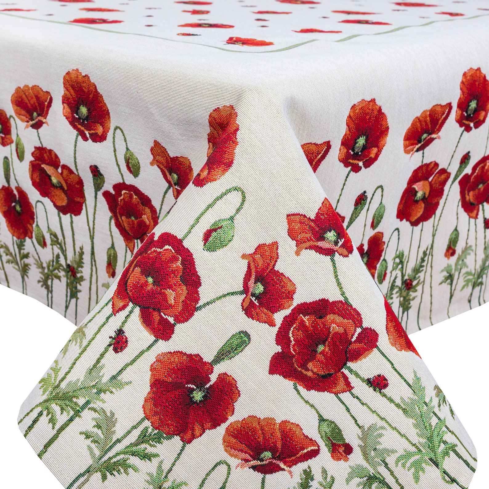 Poppy Tablecloth Jacquard Fabric white background red poppies Etsy