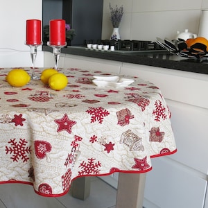 Christmas Tablecloth Round Fabric X-mas with Snowflakes Tapestry Holiday With a red rim