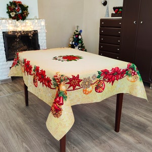 Gold Christmas Tableсloth, Luxury Christmas Table cloth with Golden Threads and Red Poinsettia X-mas Tapestry Fabric Rectangular Table cloth