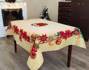 Mantel navideño dorado, lujoso mantel navideño con hilos dorados y flor de Pascua roja, tapiz navideño rectangular.