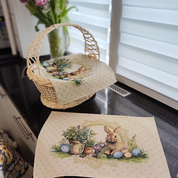 Easter Placemats with Golden thread Eggs Bunny Floral Rectangular Tapestry Fabric (set of 2) Size:13in X 19in (33cm X 48cm)