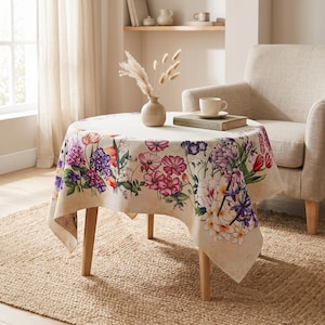 May include: A round tablecloth with a floral design featuring pink, purple, and white flowers. The tablecloth is draped over a small wooden table. A vase with dried flowers and a cup and saucer are on the table.
