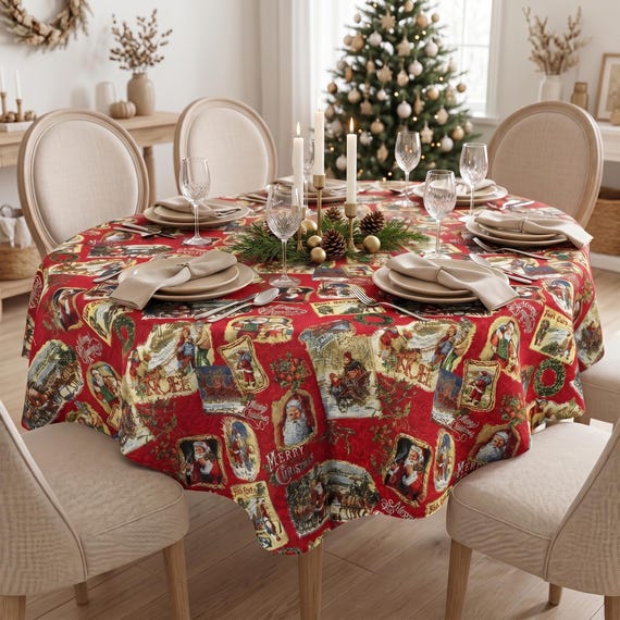 Ovale weihnachtliche Gobelin Tischdecke mit Gold Lurex | Vintage Nikolaus Weihnachtstischdecke | Urlaub Esszimmer Dekor | Exklusive Weihnachts Tischwäsche