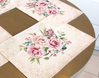 Juego de 2 manteles individuales modernos de lujo, manteles individuales de tela con diseño de rosas y flores, lavables a máquina, para el comedor y el almuerzo.