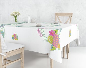 Ostertischdecke aus Baumwolle, Tischdecke „Frohe Ostern“, Frühlingstischdecke, Osterhasen-Dekoration, Tischwäsche im Landhausstil für Ostern, 147 x 259 cm