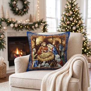 Kissenbezug Krippenmotiv Blau, Weihnachtskissenbezug aus Stoff, Dekokissen, 45 cm, Kissenbezug für Thanksgiving, Geschenkidee