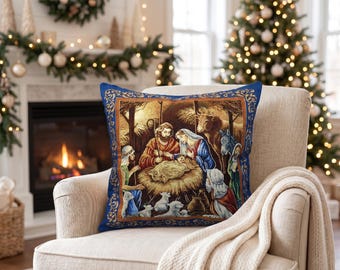 Krippen Gobelin Kissenbezug mit Gold Lurex | Weihnachten Gobelin Kissenbezug | Heilige Familie dekoratives Kissen | Christliche Weihnachtsdeko