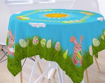 Osterhasen-Tischdecke aus Baumwolle | Runde Ostertischdecke | Frühlings-Tischdecke mit Hasenmotiv | Oster-Tischwäsche aus Baumwolle, Osterdekoration im Landhausstil