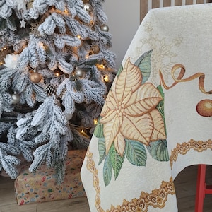 Christmas Tablecloth Fabric with Gold Poinsettia X-mas Tapestry Golden Lurex with Christmas Toys and Magic Sleighs Filled With Gifts