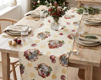 Christmas Gobelin Table Runner with Gold Lurex | Holiday Ornament Table Runner | Luxury Christmas Table Decor | Festive Winter Table Runner