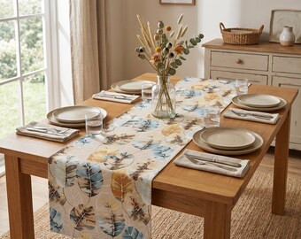 Caminho de mesa com folhas de outono | Caminho de mesa impermeável | Decoração neutra estilo casa de campo | Caminho de mesa rústico para sala de jantar no outono | Decoração de mesa com folhas bege