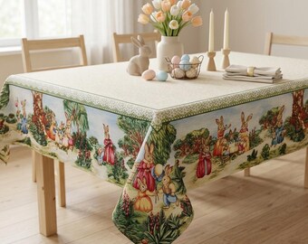 Ostertischdecke Grün mit Goldfaden, Eiern, Häschen Blumen Tischwäsche für Quadrat oder Rechteck Tisch