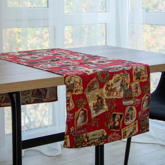 Christmas Table Runners, Red Gold Christmas Tapestry Table Runner