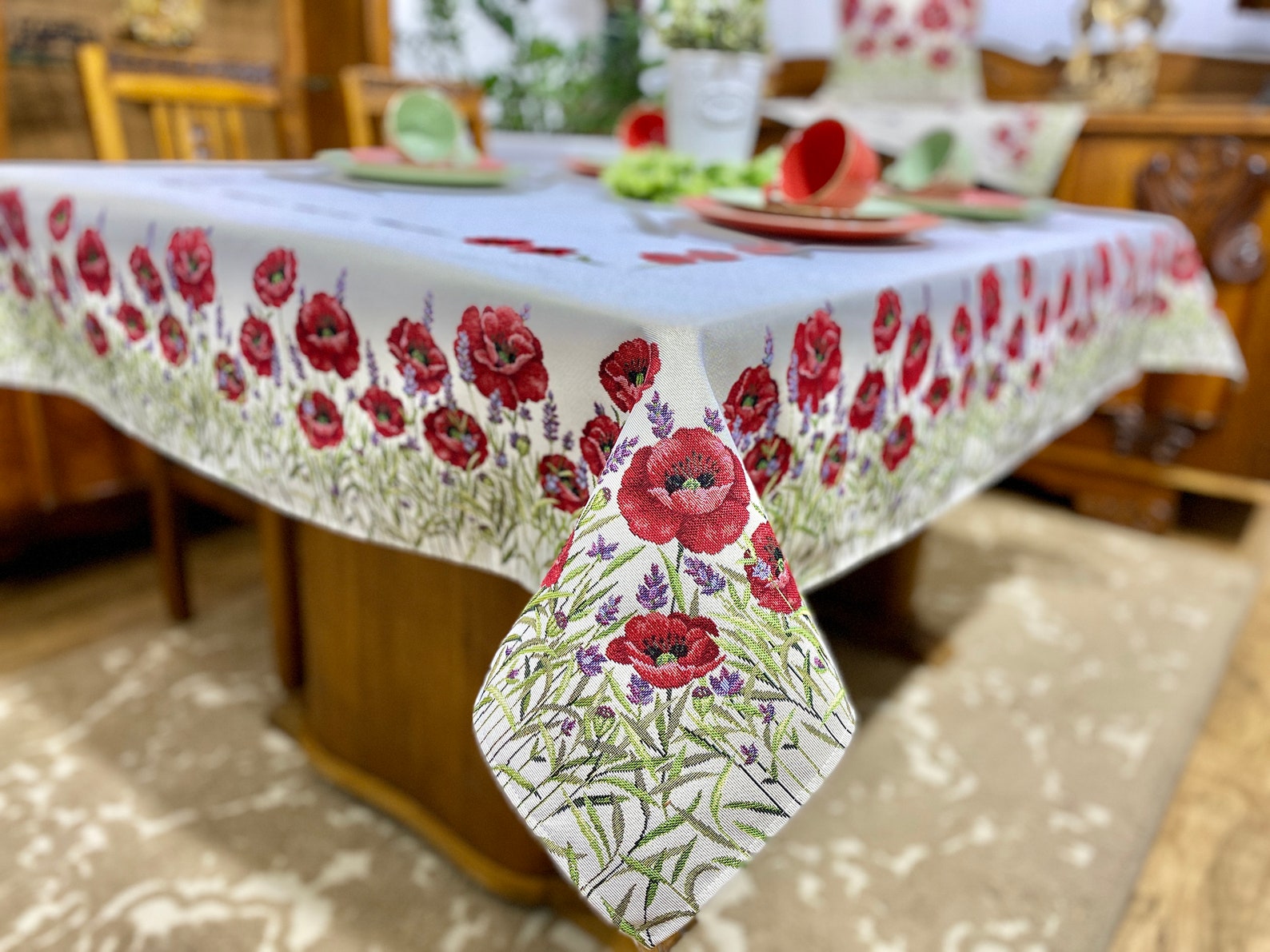 Poppy Tablecloth Jacquard Fabric white background red poppies Etsy