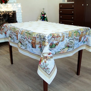 Luxury Christmas Block Print Tablecloth Rectangular, Fabric Tapestry Festive Table cloth Xmas Winter Scenes Tablecloths with Golden threads