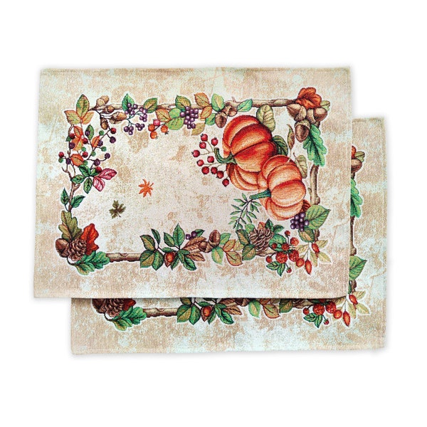 Thanksgiving Pumpkin Placemats Set of 2 Autumn Fall Place Mats for dining table, Tapestry placemats, Holiday Table mats 13inX19in