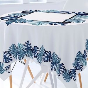 White Tablecloth Cotton Square Rectangle with Tropical Leaves Monstera Blue Palm Leaves Tablecloths Table Linen