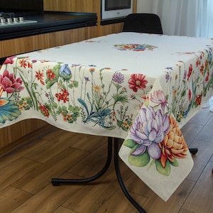 Block Print Table Cloth, Summer Centerpiece Fabric Rectangle Tablecloth, Floral Tapestry Tablecloths Lotus Flowers Table Cover