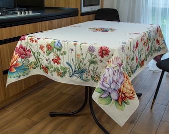 Block Print Table Cloth, Summer Centerpiece Fabric Rectangle Tablecloth, Floral Tapestry Tablecloths Lotus Flowers Table Cover