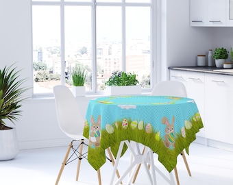 Osterhasen-Tischdecke aus Baumwolle | Quadratische Ostertischdecke | Frühlings-Tischdecke mit Hasenmotiv | Tischwäsche mit Osterei-Motiv | Osterdeko im Landhausstil