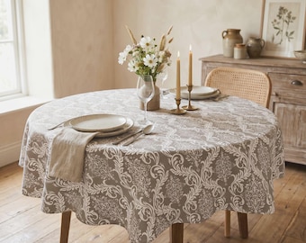 Mantel redondo impermeable - Mantel de algodón resistente al agua - Funda lavable para mesa redonda "Ajour" Beige