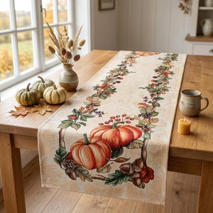 Thanksgiving Block Print Tapisserie Tischläufer | Herbst Herbst Blätter Gobelin Tischläufer | Bauernhaus Kürbis Dekor