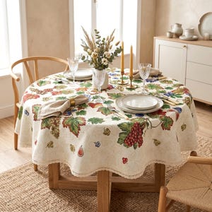 Tablecloth Round Tapestry with Grapes – Spanish Gobelin Table Cover for Dining Table 140cm, Fall Grape Tablecloth with Natural Lace
