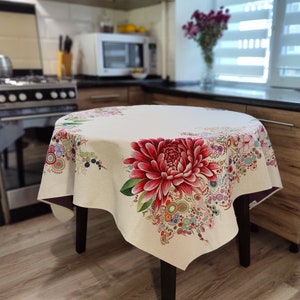 Tapestry Tablecloth Block Print Centerpiece Table cloth, Natural Fiber Floral Table cover for Square or Rectangular table Flowers Dahlias