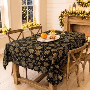 Tovaglia natalizia nera impermeabile / Tovaglia con fiocchi di neve dorati / Copritavolo rettangolare con rivestimento in teflon / Decorazione di lusso per la tavola delle feste
