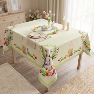 Groen paastafelkleed met blokprint - Rechthoekig waterdicht tafelkleed met konijntjes - Paastafelkleed voor de lente - Paasdecoratie in boerderijstijl