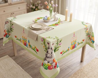 Grüne Ostertischdecke mit Blockdruck – Rechteckige, wasserdichte Hasen-Tischdecke – Frühlings-Ostertischdecke – Osterdekoration im Landhausstil