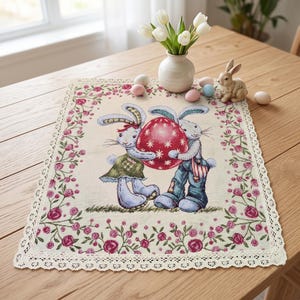 Paastafelkleed - Tafelkleed met blokdruk - Geweven paasdecoratie - Vierkant tafelkleed met kantoptie - Landelijke lentedecoratie