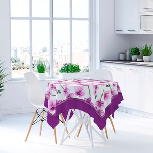 Fabric Tablecloth Square Cotton Floral Centerpiece With Orchid Flower Design In Pink And White