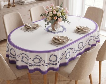 Mantel ovalado lavanda / Mantel de satén impermeable / Decoración campestre francesa lavanda / Cubierta de mesa ovalada provenzal / Decoración de comedor estilo casa de campo