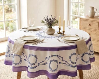 Lavender Floral Round Tablecloth 158cm - Waterproof Block Print Fabric - French Country Lavender Decor - Provence Round Dining Table Cover