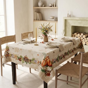 May include: A rectangular beige tablecloth with a fall-themed border featuring pumpkins, leaves, and berries. The table is set with plates, glasses, and candles. Woven chairs surround the table, creating a warm, inviting dining scene.