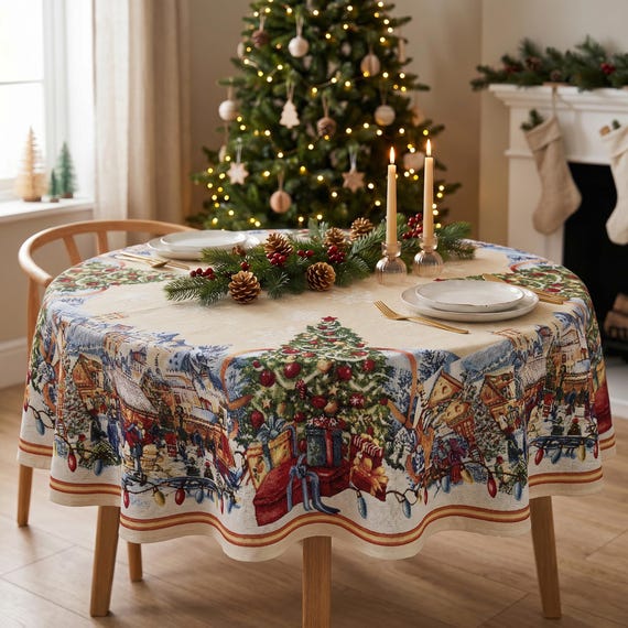 Weihnachtstischdecke rund mit goldenem Lurex, Weihnachtsdorf Gobelin Tischdecke, Urlaub Tapisserie Tischdecke, Winter Weihnachten Dekor 145 cm