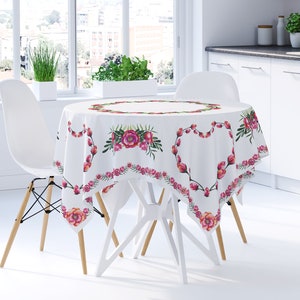 Cotton Tablecloths White With Pink Flowers