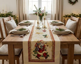 Caminos de mesa navideños, tapiz rectangular de tela con Papá Noel y decoración de mesa de estilo antiguo, lúrex dorado.